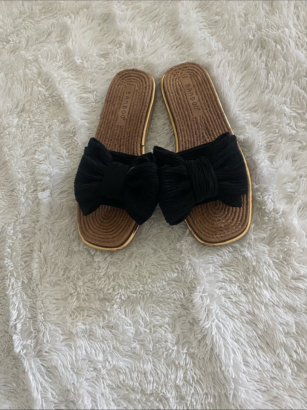 BAMBOO Black Bow Slide Sandals with Brown Footbed and Gold Trim